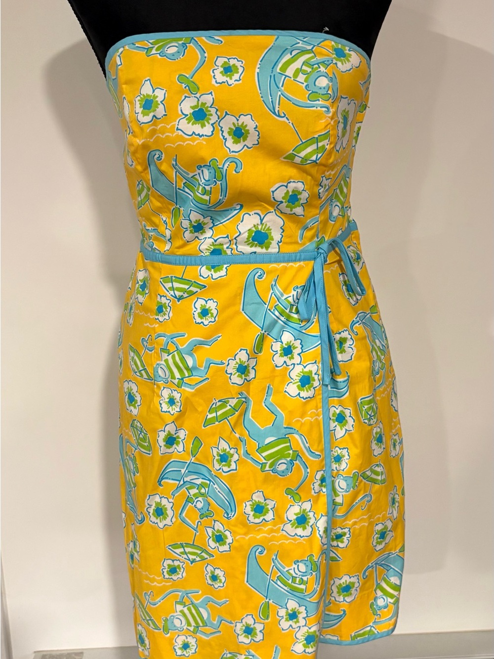 LILLY PULITZER Vintage Yellow Blue Monkey Print Strapless Dress Women’s size 4